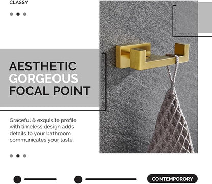 Angle Simple Towel Hook for Bathroom, SUS 304 Stainless Steel Hand Towel Holder, Double Robe Coat Hook for Wall, Brassy Gold