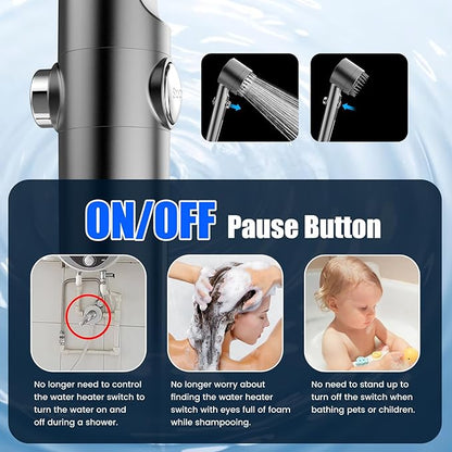 Filtered Shower Head with Handheld, High Pressure Water Flow and Multiple Spray Modes Shower Head with Filter, Power Wash for Hard Water, Showerhead with ON/OFF Switch for Pets Bath (Light Gray)