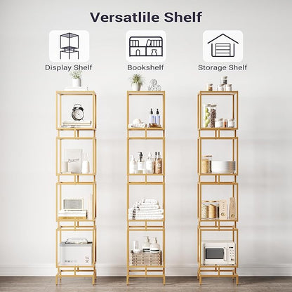 4 Cube Glass Shelf, 4-Tier Bookshelf, Display Shelf Rack, Metal Storage Rack with Tempered Glass, Modern Style for Living Room, Bathroom, Kitchen, Golden