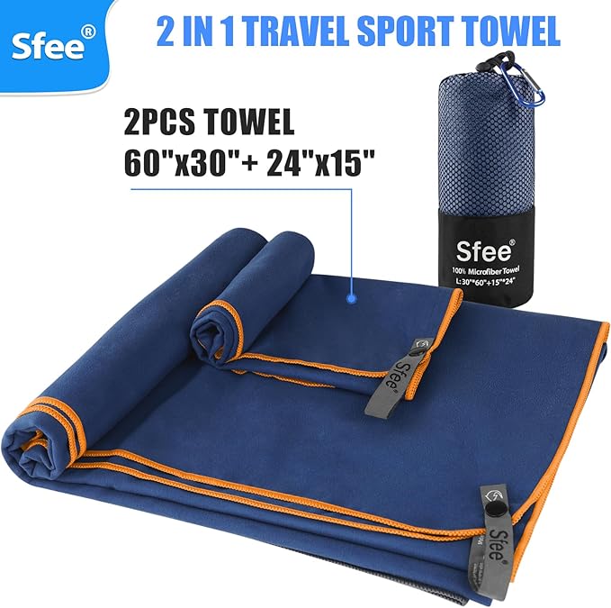 Sfee 2 Pack Microfiber Travel Towel, Quick Dry Towel Camping Towel Large Beach Towel Super Absorbent Compact Lightweight Sports Gym Towels for Beach, Gym, Hiking, Pool, Backpacking, Bath, Yoga