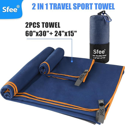 Sfee 2 Pack Microfiber Travel Towel, Quick Dry Towel Camping Towel Large Beach Towel Super Absorbent Compact Lightweight Sports Gym Towels for Beach, Gym, Hiking, Pool, Backpacking, Bath, Yoga