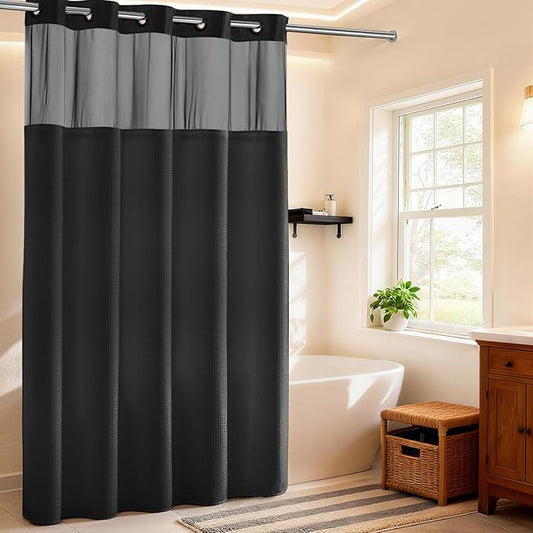 River Dream Heavyweight No Hooks Required Dotted Waffle Weave Shower Curtain with Snap in Liner -Extra Long 71W x 86H,Hotel Grade,Spa Like Bath Curtain,Black