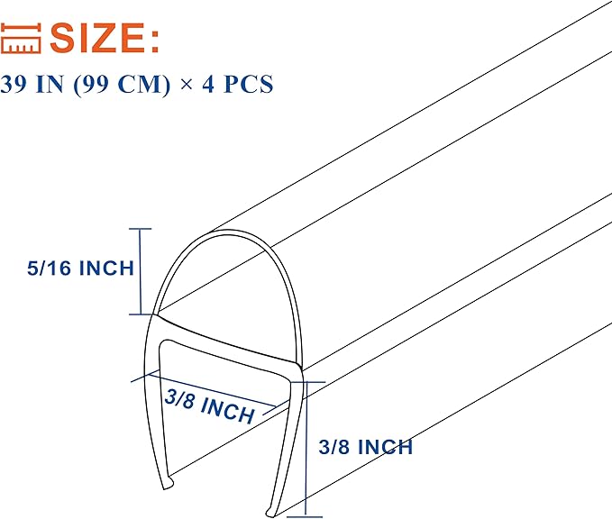 Frameless Shower Door Seal Strip 4 Pack x 39 Inch U for 3/8" Thick Glass Shower Door Side Seal Strip Bottom Seal Door Sweep Ultra Clear Polycarbonate, Stop Shower Leaks Create A Water Barrier