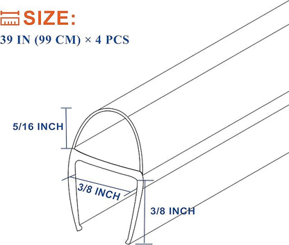 Frameless Shower Door Seal Strip 4 Pack x 39 Inch U for 3/8" Thick Glass Shower Door Side Seal Strip Bottom Seal Door Sweep Ultra Clear Polycarbonate, Stop Shower Leaks Create A Water Barrier