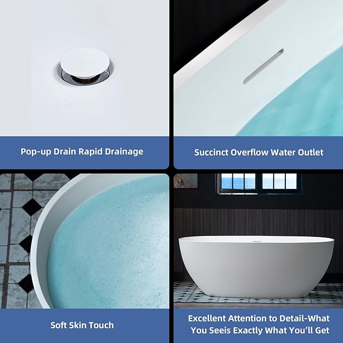 WOODBRIDGE 63" L x 28.35" W Stone Resin Luxury Contemporary Solid Surface Freestanding Soaking Tub in Matte White