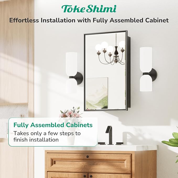 TokeShimi 24x36 Recessed Medicine Cabinet with Mirror Wall Mounted, Aluminum Alloy Black Mirrored Medicine Cabinet, Metal Beveled Mirror with Storage for Bathroom Vanity