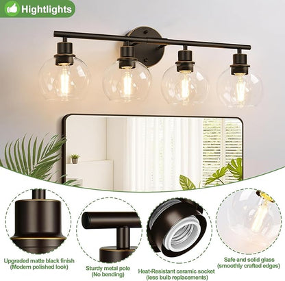 4-Light Bathroom Light Fixtures, Oil Rubbed Bronze Bathroom Lights Over Mirror with Clear Glass Globe Shade, Vanity Lights for Bathroom Kitchen Living Room Hallway Cabinet Bedroom Porch