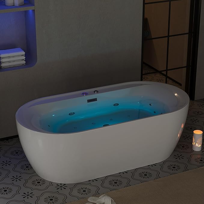 Acrylic Freestanding Bathtubs 71 inch Massage and Air Bubble Jets – Glossy White Soaking Bathtub, Free Standing Bathtub with Heater and Digital Panel, Stand Alone Tub Bathtubs for Bathroom