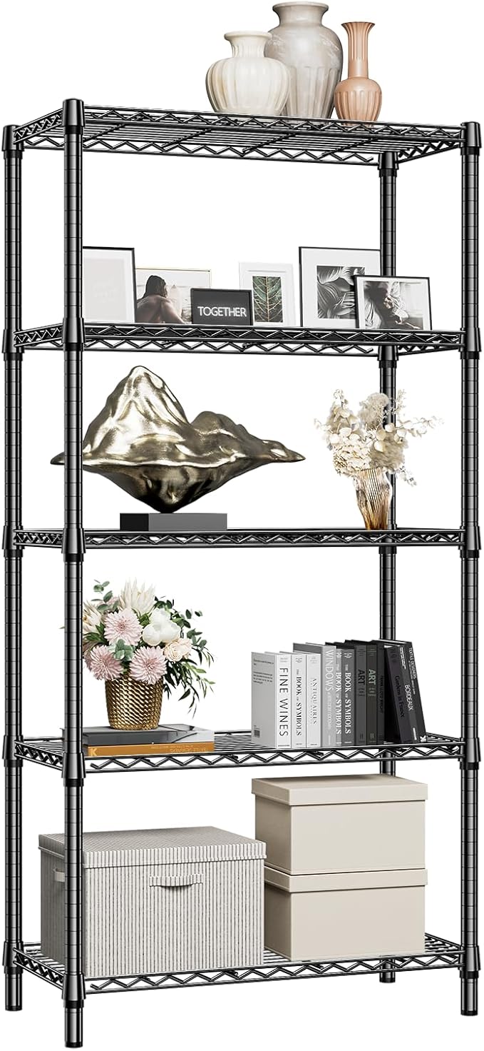 1250 lbs 5 Tier Shelf Metal Storage Shelves Shelving Wire Rack Heavy Duty Closet Organizers for Garage Kitchen Bathroom Laundry Black 13.8" D x 35.4" W x 68.5" H