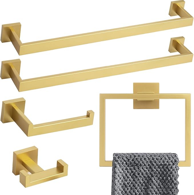 Brushed Gold Towel Bar Set, Lava Odoro 5-Piece Bathroom Hardware Set Gold Towel Rack Towel Holder Set Wall Mounted Stainless Steel, Bathroom Accessories Kit, 23.6-Inch