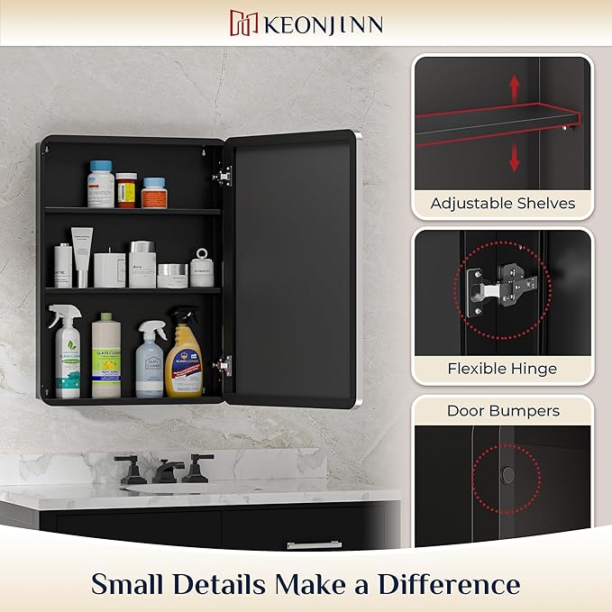 Keonjinn 20 x 32 Inch Chrome Medicine Cabinets for Bathroom with Mirror Adjustable Shelves Stainless Steel Framed Rounded Rectangle Single Door Surface Wall Mounted Silver Bathroom Storage Cabinet