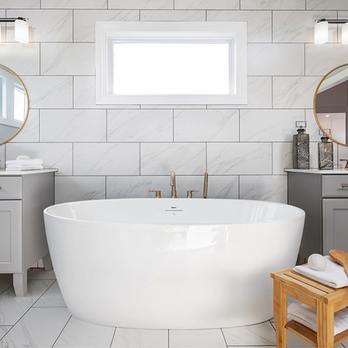 FerdY Tahiti 59" Acrylic Freestanding Bathtub, Elegant Oval Shape Bathtub, Glossy White, Brushed Nickel Drain & Integrated Slotted Overflow Assembly Included cUPC Certified, 02119