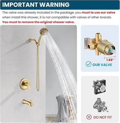 gotonovo Bathroom Shower Head Kit High Pressure Combo System Shower Faucet 6 Modes ABS Handheld Spray Shower Trim Kit Valve Included Shower Head and Handle Set Brushed Gold