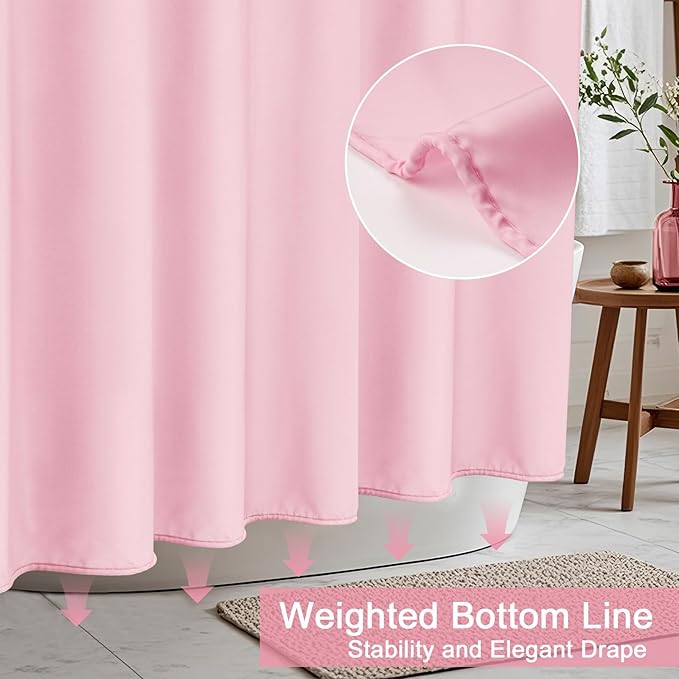 AooHome 48x72 inch Shower Liner, Small Size Fabric Solid Color Bathroom Curtain with Hooks, Weighted Hem, Water Repellent, Pink