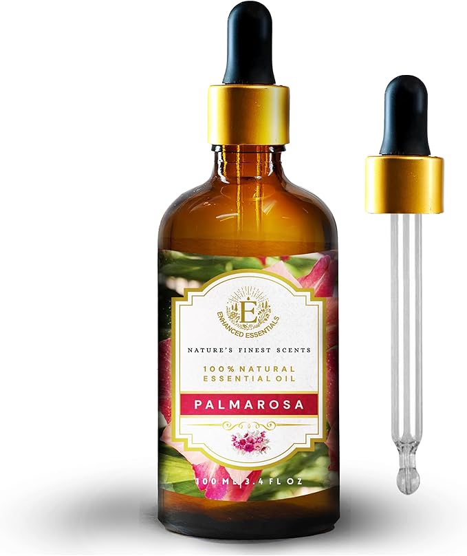 Luxurious Palmarosa Essential Oil by Enhanced Essentials| Slow Distilled & Pure| for Home,Diffusers,Skin & Hair Care,Aromatherapy,Bath,Perfume,Soap & Candle Making|with Glass Dropper|100 ml