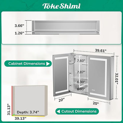 TokeShimi 40x32 Led Medicine Cabinet Mirror for Bathroom with Outlet, Medicine Cabinet with Lights 3 Colors Dimmable and Defogger, Surface or Recessed Mount Mirror with Storage Modern Bathroom