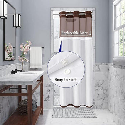 Gibelle Stall Small Shower Curtain 36x74, Waffle Weave Shower Curtain with Snap-in Fabric Liner Set, No Hooks Needed, Hotel Style with Mesh Top Window, Brown