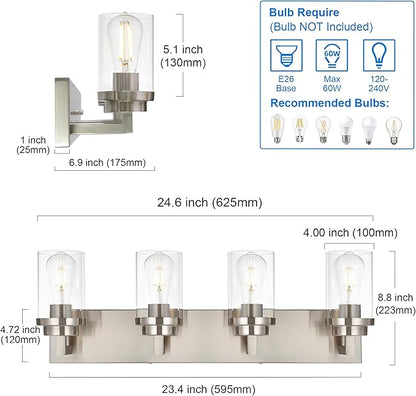 MELUCEE 4 Lights Vanity Light Brushed Nickel Modern Bathroom Lighting Fixtures Over Mirror with Clear Glass Shade, Industrial Wall Lights for Mirror Cabinet Kitchen