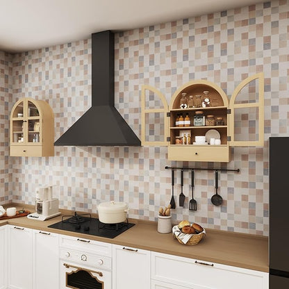 BLANKSPACE Bathroom Curved Wall Cabinet with Drawer, Over The Toilet Organizer for Bathroom Storage Cabinet with Glass Door and Soft Closing （Natural Wood Color）