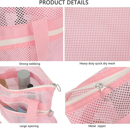 Mesh Shower Caddy Portable Shower Bag for Travel, Gym, Camping – Quick-Dry Hanging Toiletry Organizer with Zipper Pockets for Bathroom Essentials,Pink