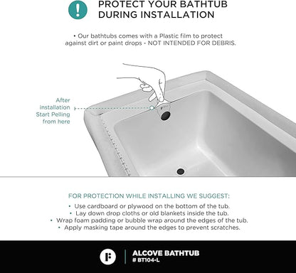 Fine Fixtures Drop In White Soaking Bathtub, Fiberglass Acrylic Material, 72"L x 36"W x 19"H