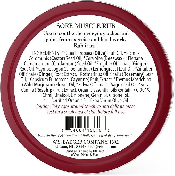 Badger Sore Muscle Rub, 100% Organic Sore Muscle Cream, Cayenne & Ginger Warming Sore Muscle Relief, Recovery & Relaxation, Long Lasting, Great Smelling, 2 oz Tin, 2-Pack