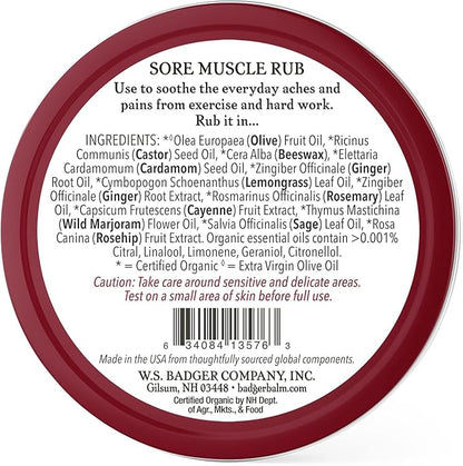 Badger Sore Muscle Rub, 100% Organic Sore Muscle Cream, Cayenne & Ginger Warming Sore Muscle Relief, Recovery & Relaxation, Long Lasting, Great Smelling, 2 oz Tin, 2-Pack