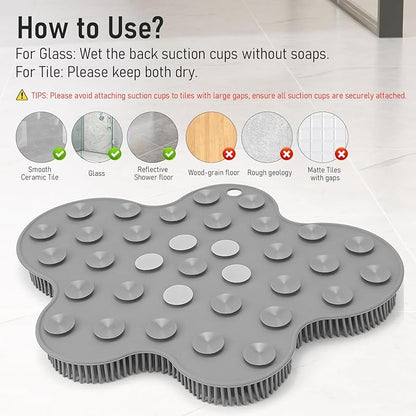 Shower Foot Scrubber Mat Silicone Back Exfoliating Cleaner, Feet Message Bath Washer Pad with Suction Cups for Wall Non-Slip - Itchy Toes Dead Skin Beauty Deep Clean Soft Bristles 14.2 * 11.2in Grey