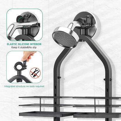 Shower Caddy Hanging for Handheld Showerheads Adjustable Height Extra Long Bathroom Storage Organizer Hanger Rack Rustproof Hose Shower Organizer 4 Levels Height Shower Rack（Black