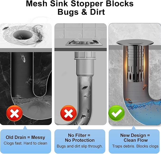 Bathroom Sink Stopper, Pop Up Drain for Bathroom Sink, Sink Plug Hair Catcher, Silent Popper Core with Removable Stainless Steel Filter Basket (Brushed Nickel, 1 Pack)