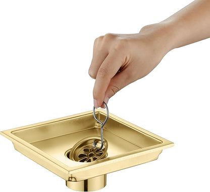 6 Inch Square Shower Floor Drain, Brushed Nickel High Flow Shower Drain Kit with Flange with Hair Filter, Removable Grate Cover, Stainless Steel, Abs Fixing Tray, CUPC Certified (Brushed Gold)
