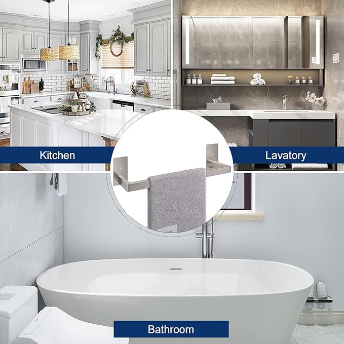 NearMoon Self Adhesive Bathroom Towel Bar, Stainless Steel Square Bath Wall Shelf Rack Hanging Towel Stick On Sticky Hanger Contemporary Style, Towel Rack Wall Mounted (16 Inch, Brushed Nickel)
