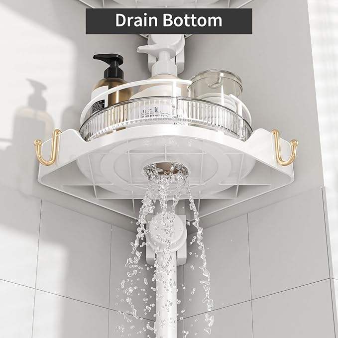 Shower Caddy Tension Pole with 4 L-Lazy Susan Organizer 360 Rotating 35-128 Inch No Drilling Floor Standing Shelves Adjustable Shower Rack for Bathroom Corner (White)