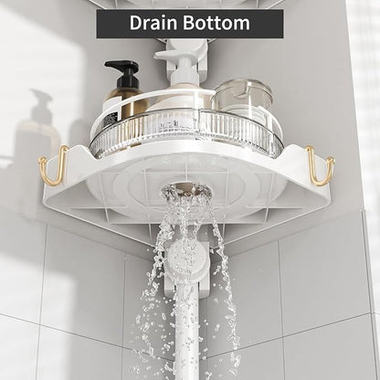 Shower Caddy Tension Pole with 4 L-Lazy Susan Organizer 360 Rotating 35-128 Inch No Drilling Floor Standing Shelves Adjustable Shower Rack for Bathroom Corner (White)