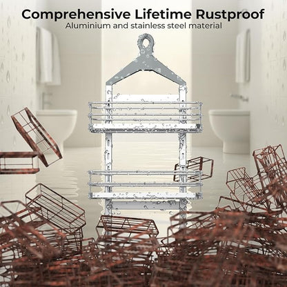 Orimade Aluminum Hanging Shower Caddy Over Head, Adjustable Bathroom Shelf with Hooks, Anti-Slip Rustproof Organizer Storage Rack Basket, Silver, 3 Tier