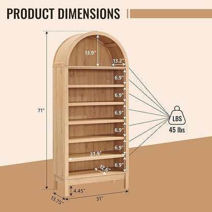 71" Tall Arched Bathroom Storage Cabinet, 7-Tier Modern Farmhouse Storage Cabinet with Adjustable Shelves, Wood Freestanding Cabinet for Bathroom, Living Room, Entryway, Hallway (Natural)