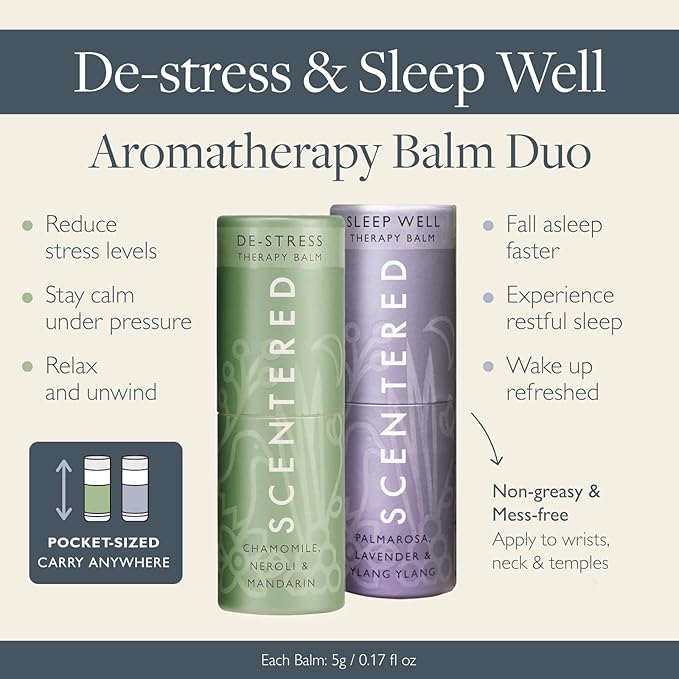Scentered Aromatherapy Balm Stick Duo for Sleep & Stress-Relief - Roll On Essential Oil Blends of Lavender & Chamomile - Sleep Well & De-Stress - Sefl-Care Stocking Stuffers for Women