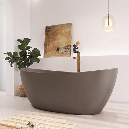 65" Premium Solid Surface Freestanding Bathtub, Contemporary Design Stand Alone Stone Resin Tub with Overflow and Pop-up Drain, Grey Coffee
