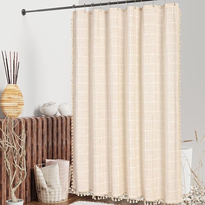 MitoVilla Cream Boho Farmhouse Shower Curtain Set 72 x 78, Beige 78 inch Long Polyester Linen Tassel Fabric Shower Curtain Set for Chic Cottagecore French Rustic Bathroom Decor