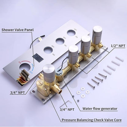 Shower System Brushed Nickel Temperature Display Shower Faucet Set, 14X20 inch Ceiling Mounted Shower Head, with 6 PCS Body Jet and Handheld Spray