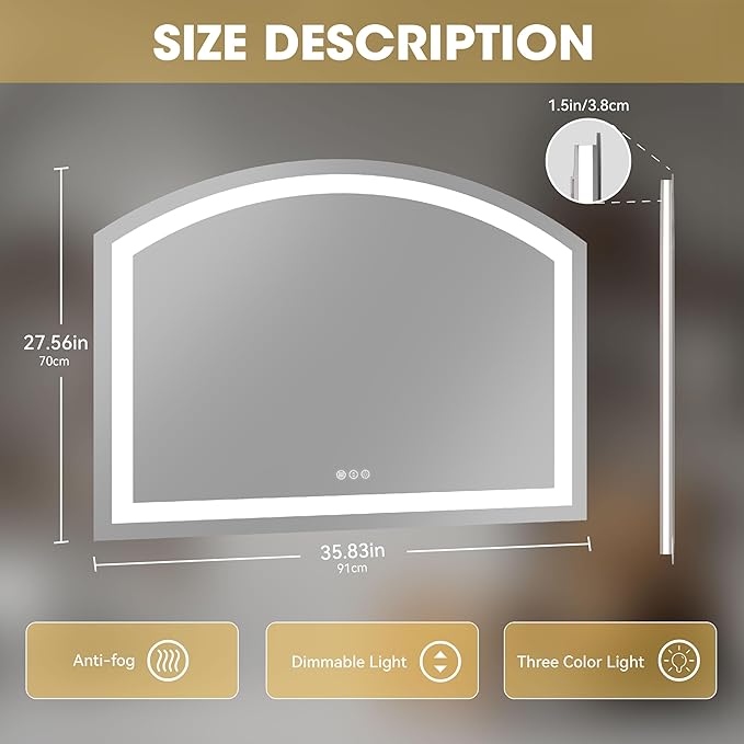 Hasipu 36" x 28" Arch LED Bathroom Mirror, Frontlit Wall-Mounted Vanity Mirror with Lights, Defogging, Smart Touch, Dimmable 3 Color Modes, Safety Shatterproof Glass Coating