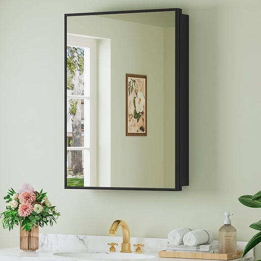 Buruis 20" x 28" Framed Medicine Cabinet with Mirror, Recessed or Wall Mounted Bathroom Cabinet, Adjustable Tempered Glass Shelves, Left/Right Open Reversible, No Assembly Required, Black