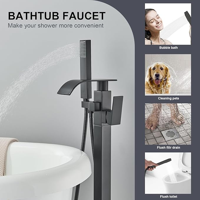 Senlesen Matte Black Free Standing Tub Faucet Floor Mounted Tub Filler Faucet Brass Bathroom Tub Faucets with Hand Shower