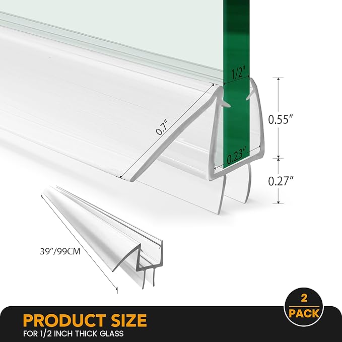 Shower Door Bottom Seal, 2-Pack PVC Strips with Sweep 39" Long, for 1/2"(12mm) Thick Framless Glass Door, to Stop Water Leakage