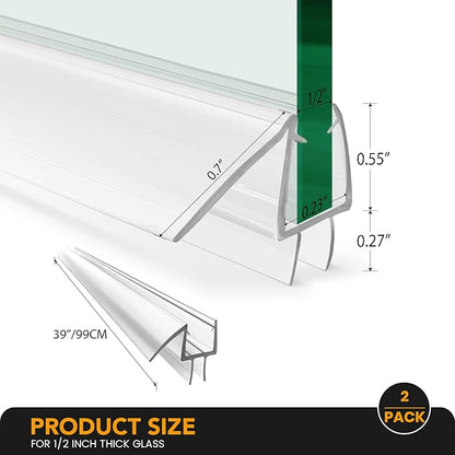 Shower Door Bottom Seal, 2-Pack PVC Strips with Sweep 39" Long, for 1/2"(12mm) Thick Framless Glass Door, to Stop Water Leakage