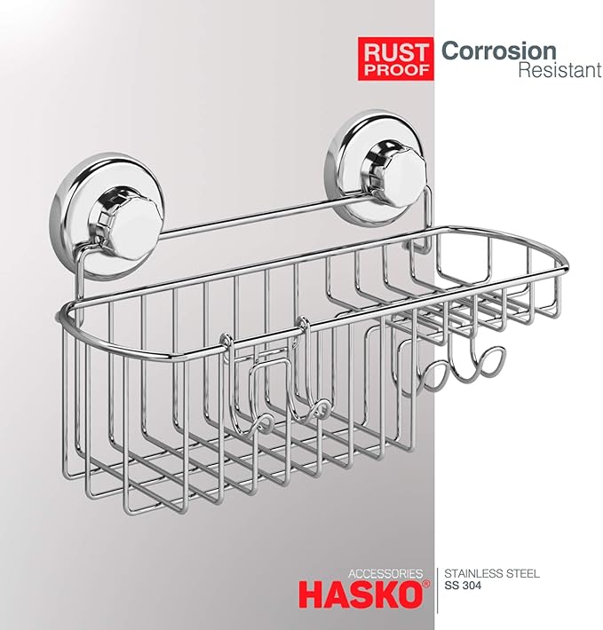 HASKO Shower Caddy Suction Cup, Shower Shelf with Soap Dish and Hooks Organizer, Suction Bathroom Shelf for Storage, Wall Mounted Basket, Silver