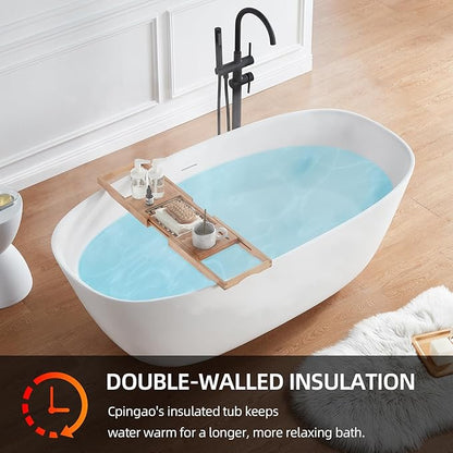 Cpingao 66.9"Lx33.5"Wx22"T Stone Resin Solid Surface Freestanding Bathtub, Modern Elegant Design Soaking Stand Alone Tub, Matte White, Nickel Drain and Overflow Included 8823A
