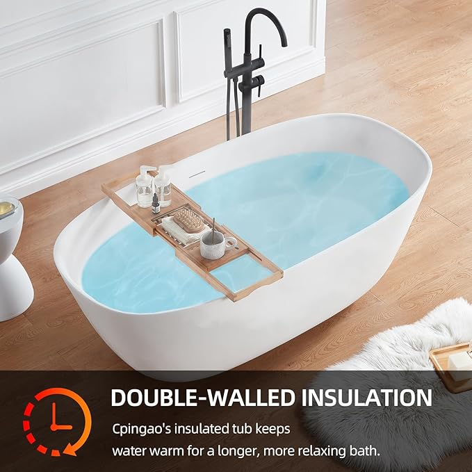 Cpingao (63"Lx31.5"Wx22"T) Stone Resin Solid Surface Freestanding Bathtub, Modern Elegant Design Soaking Stand Alone Tub, Matte White, Chrome Drain and Overflow Included 8823A