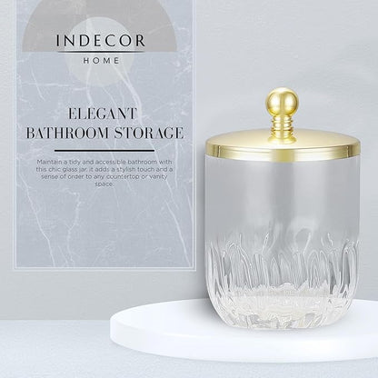 Clear Transparent Apothecary Vertical Wavy Glass Jar With Gold Metal Lid Cover for Bathroom Organization, Cotton Balls, Q Tips, and Small Accessories, Bathroom Storage