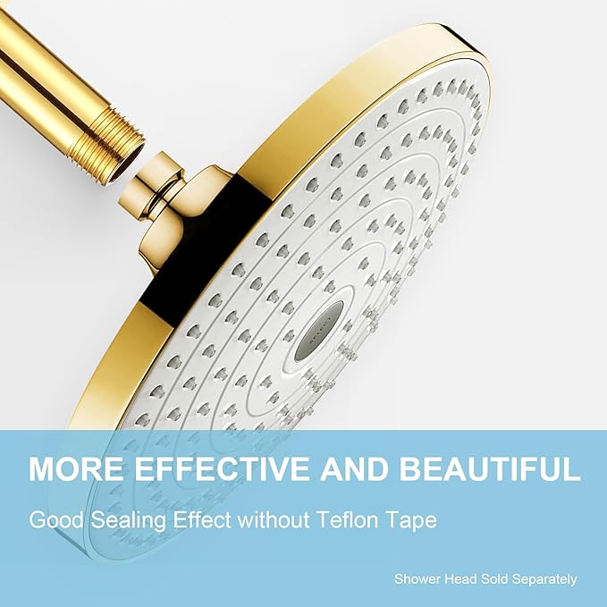 OFFO Shower Arm with Flange, Bright Gold 10 in Ceiling Mount Replacement Rain Shower Head Straight Arm Ceiling-Mounted For Fixed Shower Head & High Pressure Rain
